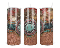 Turquoise Stone Leather 20 oz insulated tumbler with lid and straw - Sew Lucky Embroidery