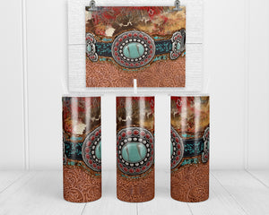 Turquoise Stone Leather 20 oz insulated tumbler with lid and straw - Sew Lucky Embroidery
