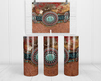 Turquoise Stone Leather 20 oz insulated tumbler with lid and straw - Sew Lucky Embroidery
