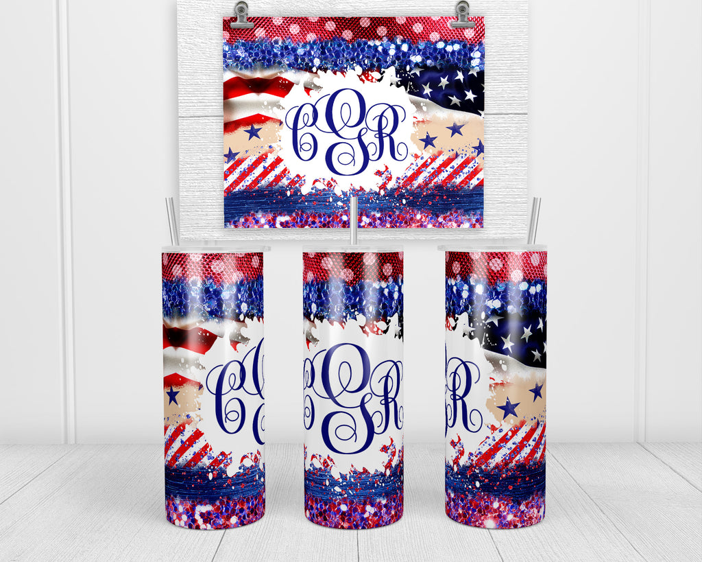 USA Glitter and Stars Personalized 20 oz Insulated Tumbler with Lid and Straw - Sew Lucky Embroidery