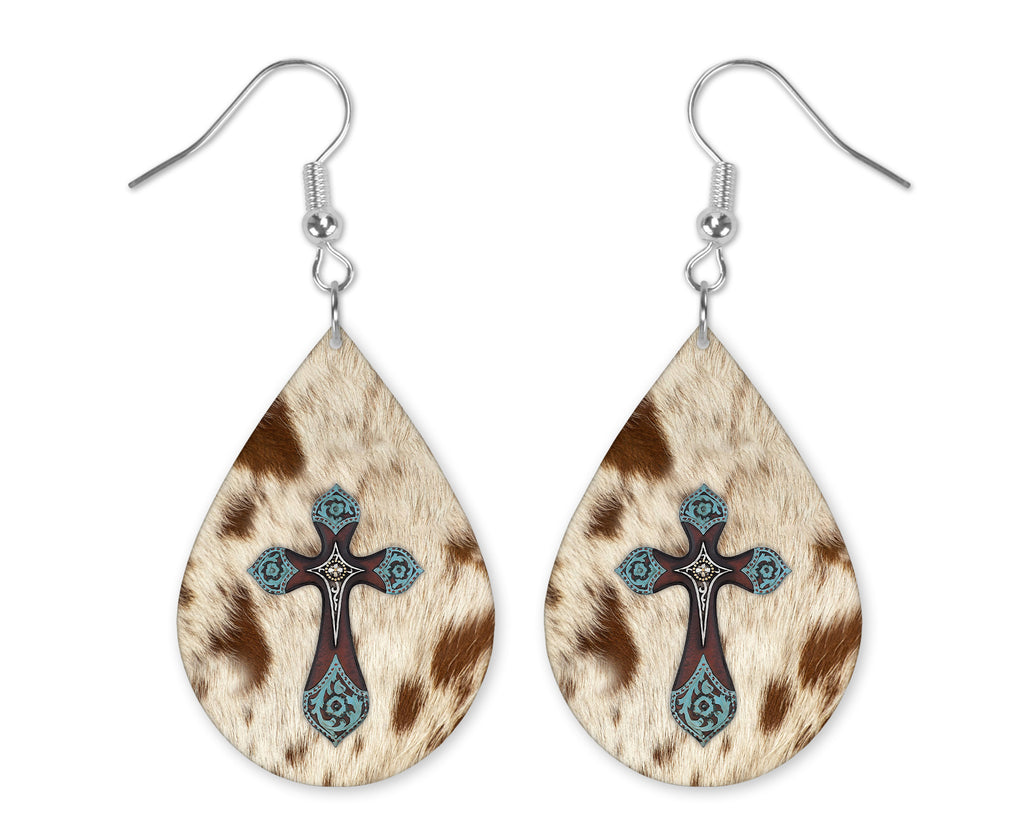 Wood Cowhide Cross Texas Longhorn Teardrop Earrings - Sew Lucky Embroidery