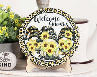 Welcome Gnomies Sunflowers Tray Sign and Stand - Sew Lucky Embroidery