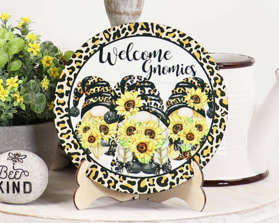 Welcome Gnomies Sunflowers Tray Sign and Stand