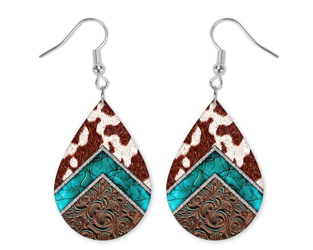 Western Cowhide Print Teardrop Earrings - Sew Lucky Embroidery