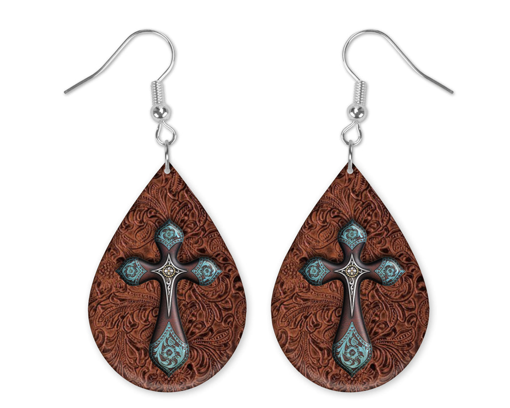 Western Cross Leather Design Teardrop Earrings - Sew Lucky Embroidery