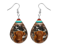 Western Highland Cow Teardrop Earrings - Sew Lucky Embroidery