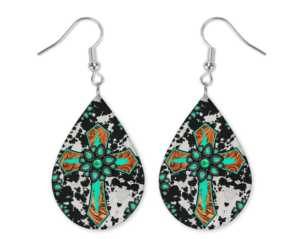 Western Teal Cross Teardrop Earrings - Sew Lucky Embroidery
