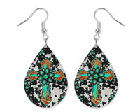Western Teal Cross Teardrop Earrings - Sew Lucky Embroidery