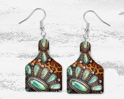 Western Turquoise Cow Tag Earrings