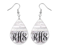 White Wood Monogrammed Teardrop Earrings