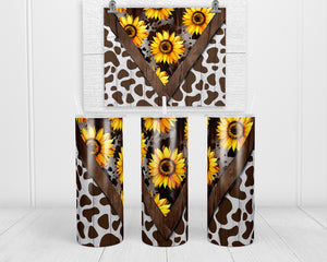 Wood Sunflower Cow print  20 oz insulated tumbler with lid and straw - Sew Lucky Embroidery