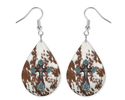 Wood Cowhide Cross Pesa Teardrop Earrings