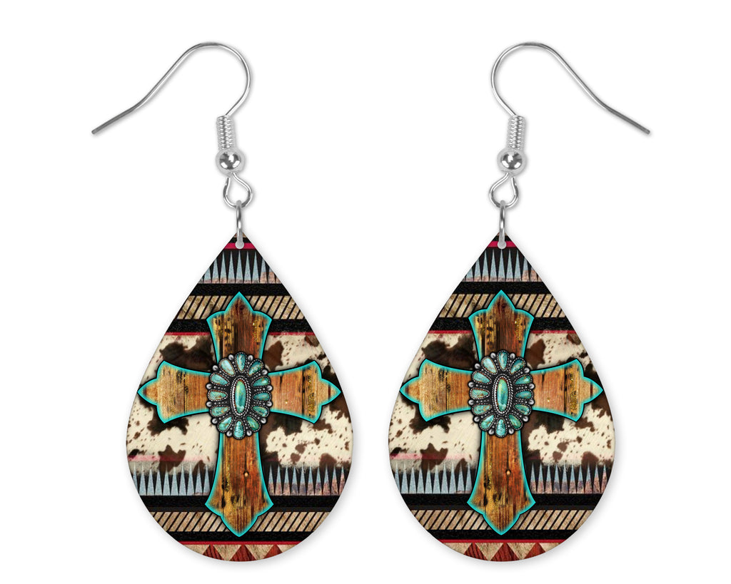 Wood Cowhide Cross Teardrop Earrings - Sew Lucky Embroidery