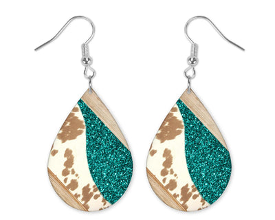 Wood Cowhide and Glitter Teardrop Earrings