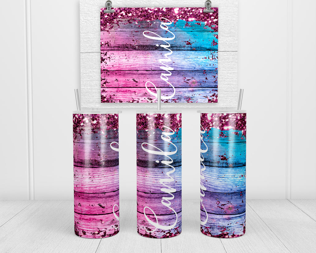 Wood Grain and Glitter Personalized 20 oz Insulated Tumbler with Lid and Straw - Sew Lucky Embroidery