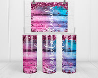 Wood Grain and Glitter Personalized 20 oz Insulated Tumbler with Lid and Straw - Sew Lucky Embroidery