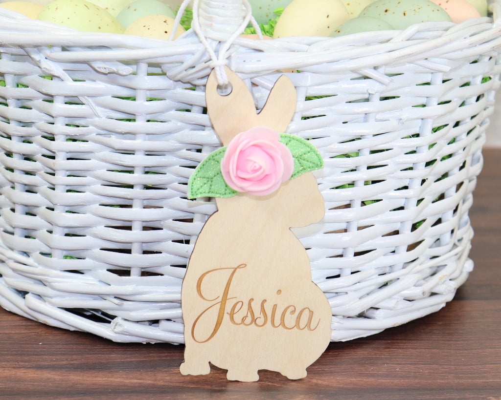 Wooden Bunny with Pink Rose Easter Basket Name Tag - Sew Lucky Embroidery