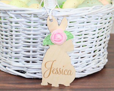 Wooden Bunny with Pink Rose Easter Basket Name Tag