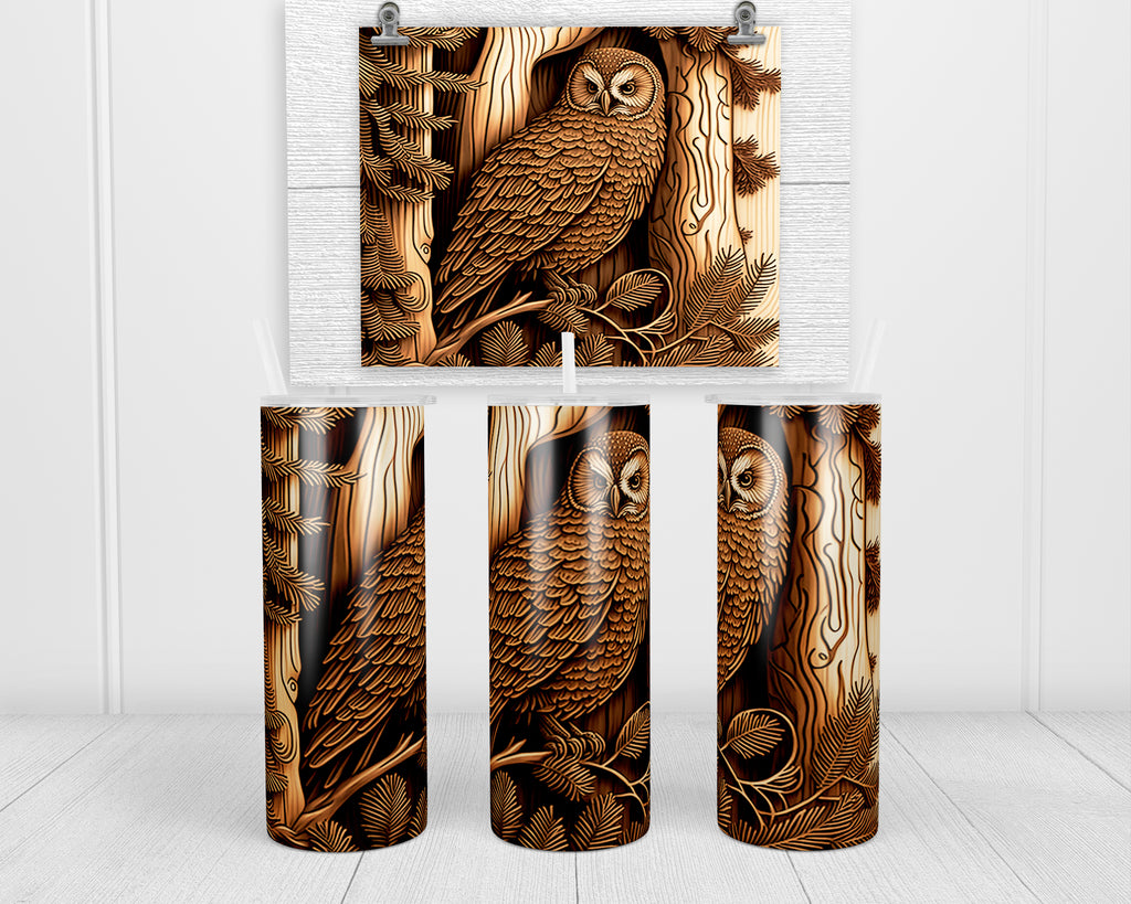 Wooden Owl 20 oz insulated tumbler with lid and straw - Sew Lucky Embroidery