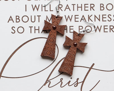 Wooden Cross Handmade Hand Painted Earrings