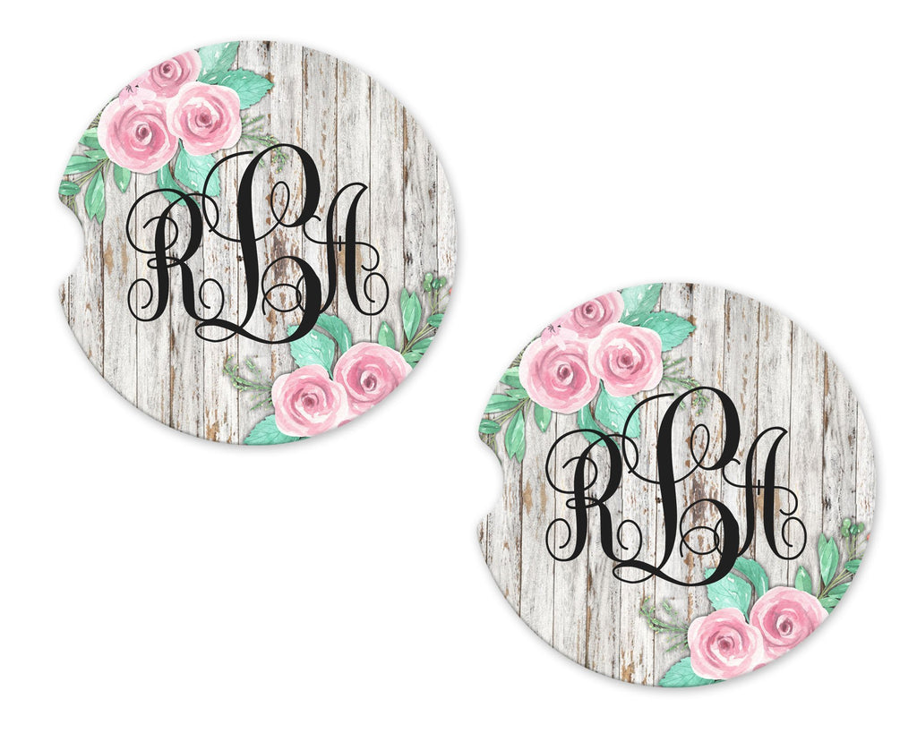 Worn Wood and Roses Personalized Sandstone Car Coasters - Sew Lucky Embroidery