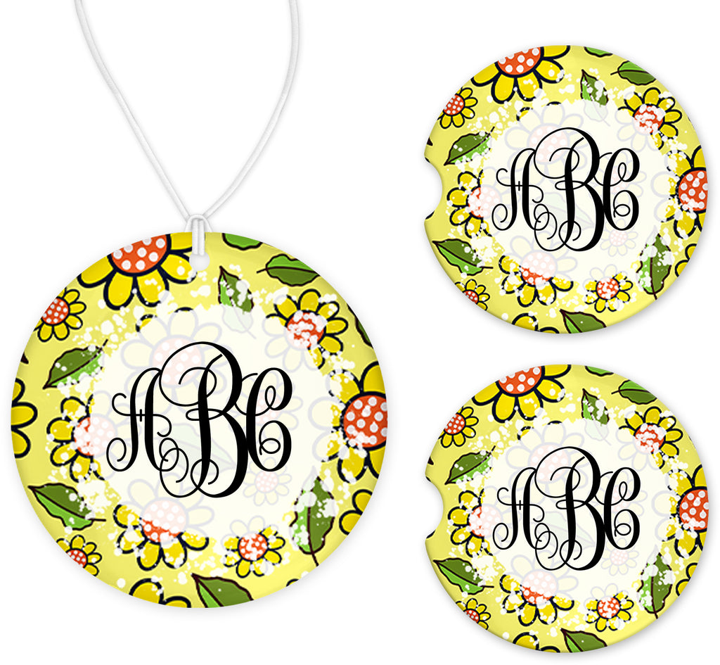 Yellow Floral Mongram Car Charm and set of 2 Sandstone Car Coasters - Sew Lucky Embroidery