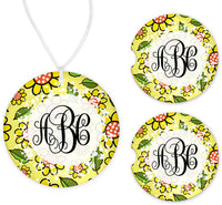 Yellow Floral Mongram Car Charm and set of 2 Sandstone Car Coasters - Sew Lucky Embroidery