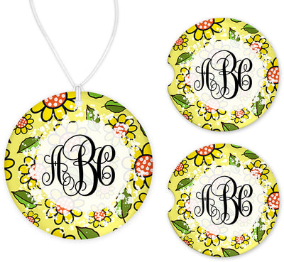 Yellow Floral Mongram Car Charm and set of 2 Sandstone Car Coasters
