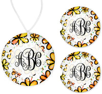 Yellow and Orange Floral Mongram Car Charm and set of 2 Sandstone Car Coasters - Sew Lucky Embroidery