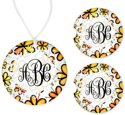 Yellow and Orange Floral Mongram Car Charm and set of 2 Sandstone Car Coasters