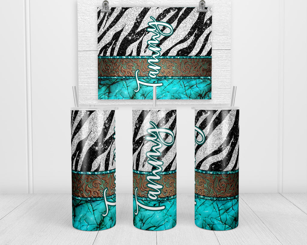 Zebra Glitter Personalized 20 oz Insulated Tumbler with Lid and Straw - Sew Lucky Embroidery