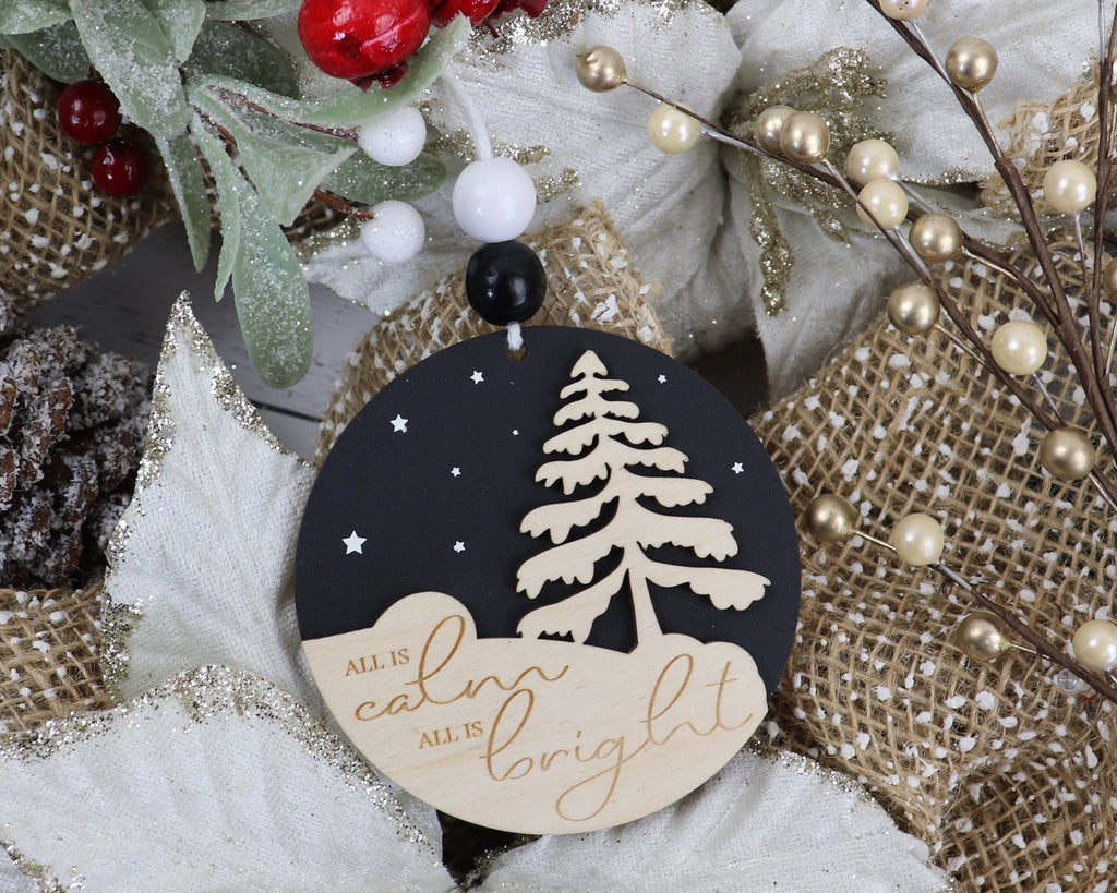 All is Calm All is Bright Christmas Tree Ornament - Sew Lucky Embroidery