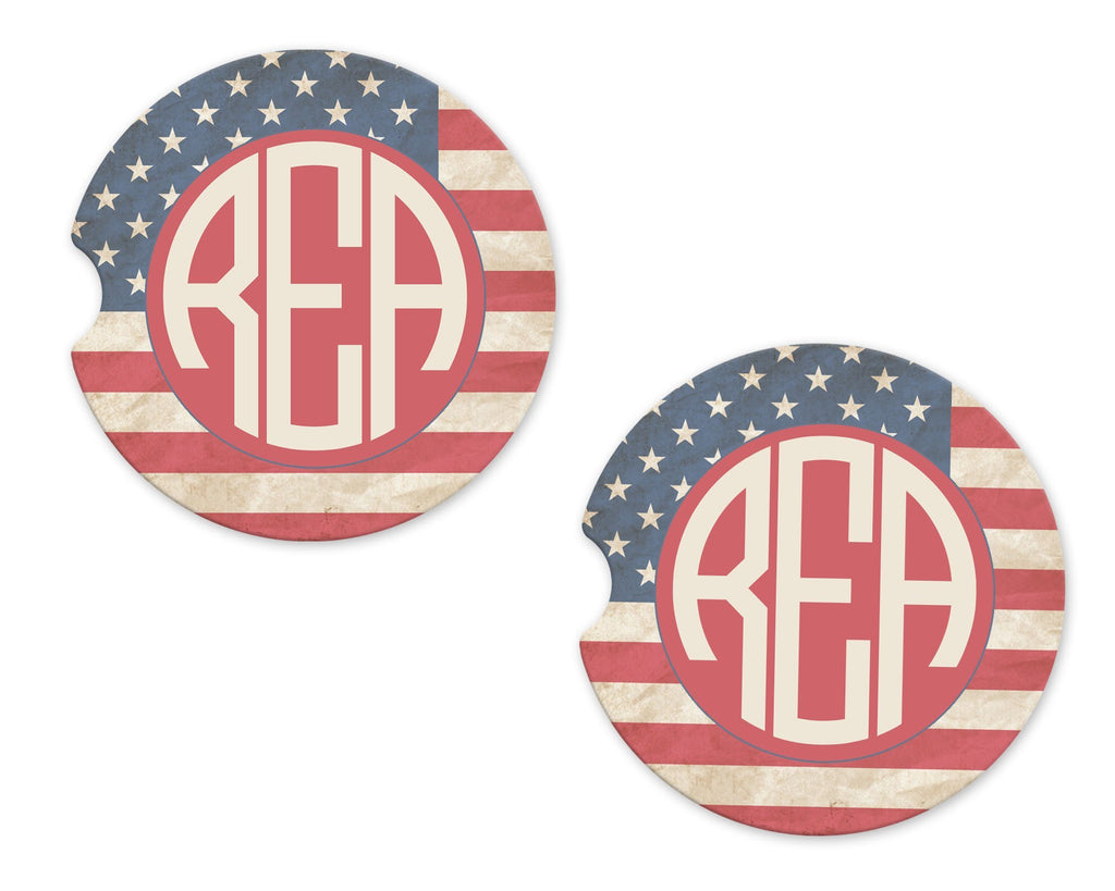 American Flag Monogram Sandstone Car Coasters - Sew Lucky Embroidery