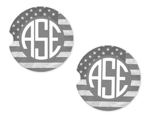 American Gray Flag Monogram Sandstone Car Coasters - Sew Lucky Embroidery