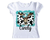 Aqua Cow Skull Personalized Girls Shirt - Sew Lucky Embroidery