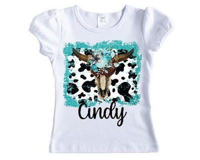 Aqua Cow Skull Personalized Girls Shirt