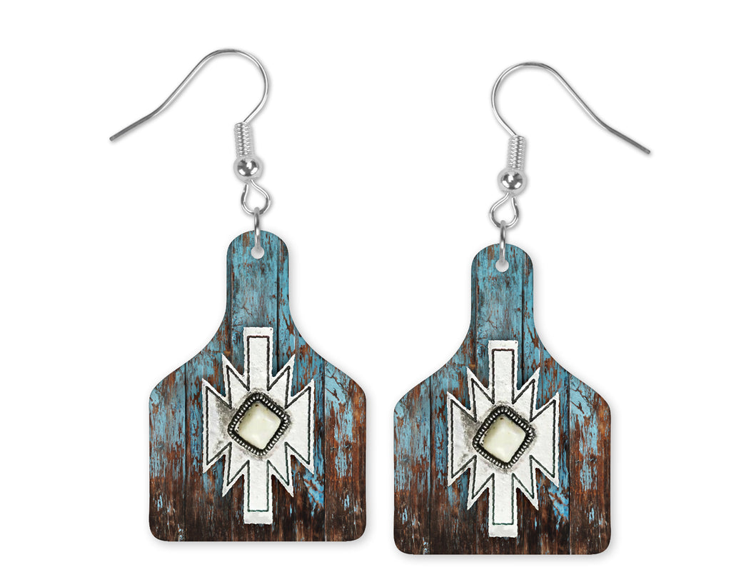 Aztec Wood Cow Tag Earrings - Sew Lucky Embroidery