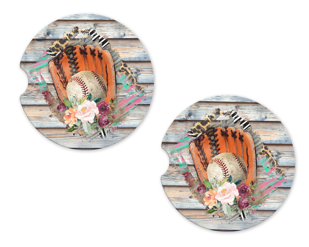 Baseball Glove Floral Sandstone Car Coasters - Sew Lucky Embroidery