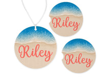 Beach and Ocean Water Car Charm and set of 2 Sandstone Car Coasters Personalized - Sew Lucky Embroidery