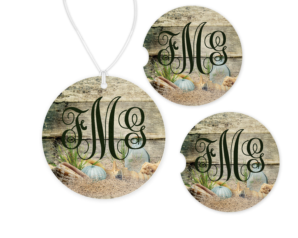 Beach Scene Car Charm and set of 2 Sandstone Car Coasters Personalized - Sew Lucky Embroidery