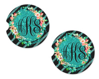 Black and Teal Stripes Personalized Sandstone Car Coasters