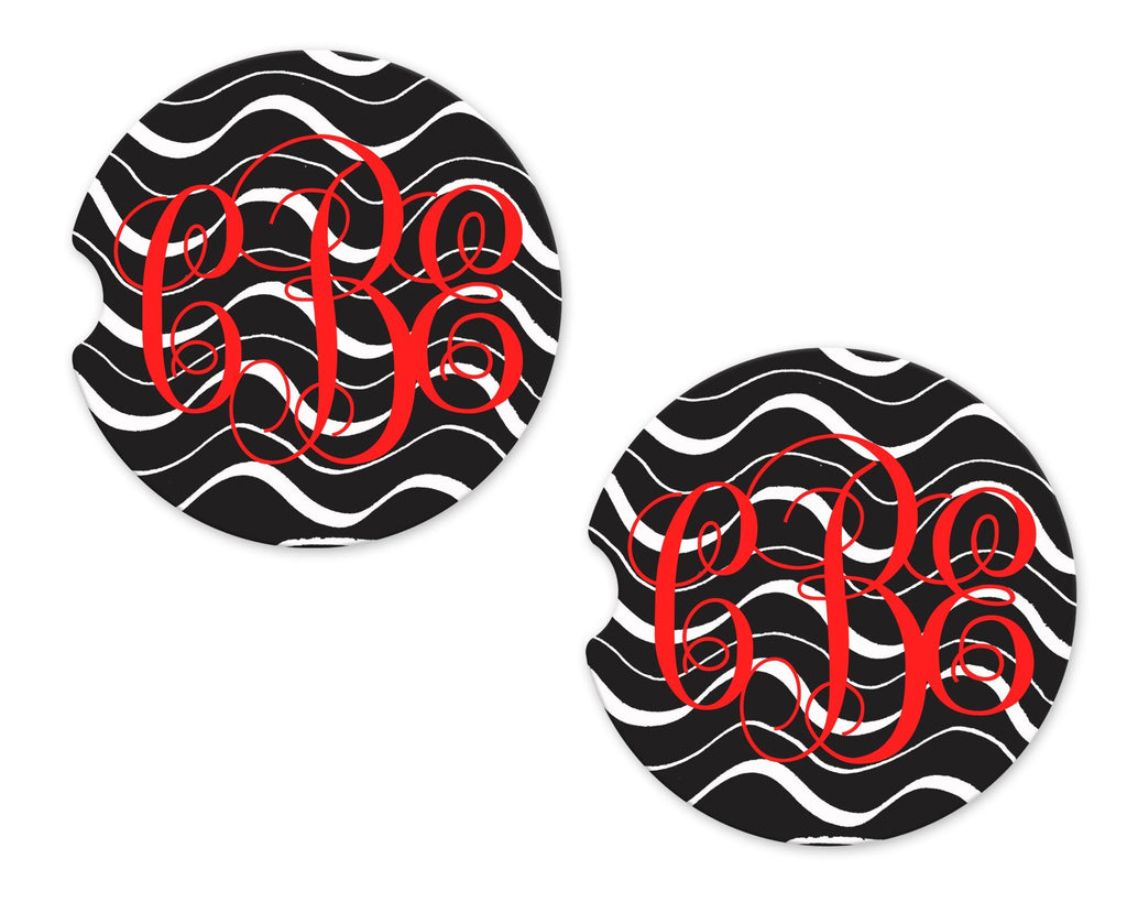 Black and White Swirls Personalized Sandstone Car Coasters