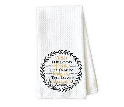 Bless This Food with Laurel Waffle Weave Microfiber Kitchen Towel