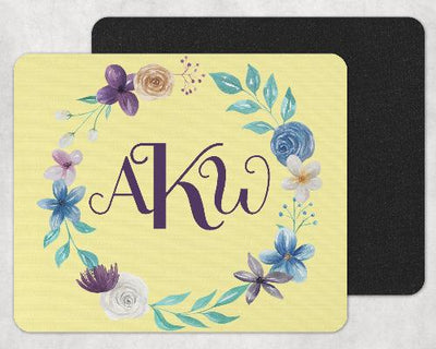 Blue and Purple Floral Wreath Custom Monogram Yellow Mouse Pad