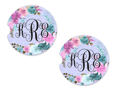Blue and Purple Flowers Personalized Sandstone Car Coasters (Set of Two)