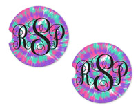 Blue and Purple Tie Dye Personalized Stone Car Coasters 