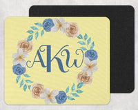 Blue and Yellow Floral Wreath Custom Personalized Monogrammed Yellow Mouse Pad