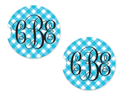 Blue Check Personalized Sandstone Car Coasters (Set of Two)