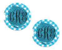 Blue Check with Glitter Personalized Sandstone Car Coasters