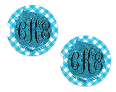 Blue Check with Glitter Personalized Sandstone Car Coasters (Set of Two)